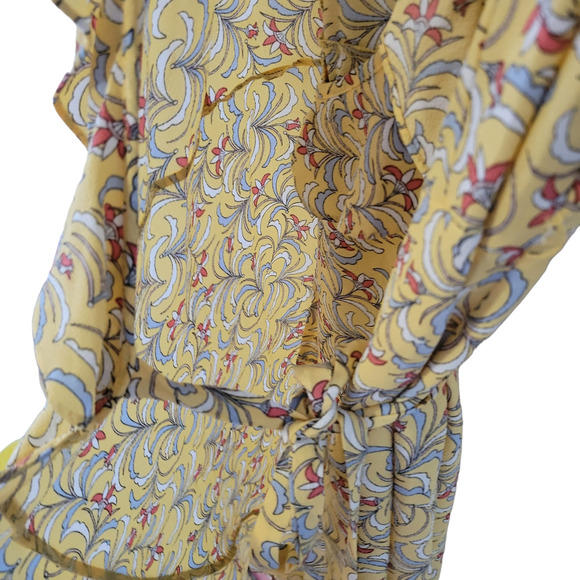 Max Studio Summer Wrap Dress Ruffle Midi Yellow Floral Flowy Hi Lo Sz L - Picture 5 of 9